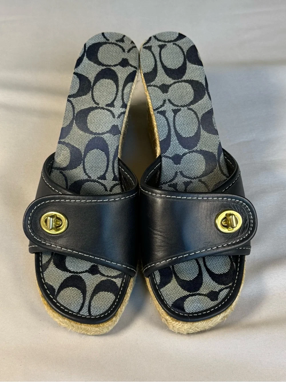 Coach Navy Logo Jacquard Espadrille Wedge Sandals